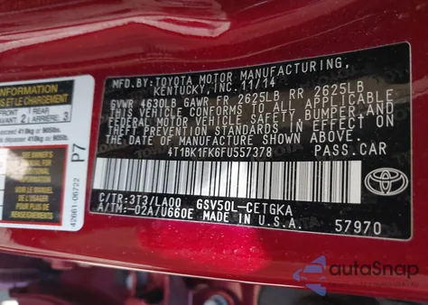 2015 Toyota Camry Xle V6 from USA, damaged, VIN 4T1BK1FK6FU557378